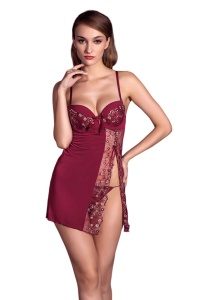 Lenjerie sexy dama, rochie scurta cu crapatura adanca pe o parte, model floral pasional, visinie