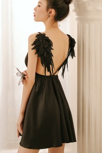 Lenjerie sexy dama, rochie scurta cu decolteu in V, model cu aripi de inger, tematica I’m your angel, neagra - Img 3