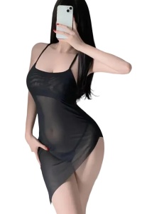 Lenjerie sexy dama, rochie semitransparenta cu bretele subtiri in X la spate, model incitant, tematica romantic nights, neagra