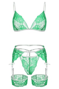 Lenjerie sexy dama, set 3 piese, sutien, portjartier, chilot si jartiere, model senzual din dantela, verde - Img 4
