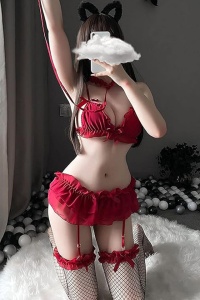Lenjerie sexy dama, set 5 piese, model indraznet, coronita, sutien, fustita cu portjartiere, chilot si choker, tematica romantic love, rosu - Img 3