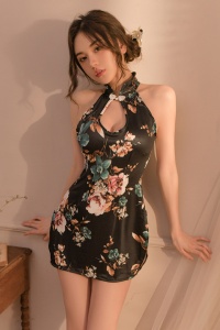 Lenjerie sexy, set 2 piese, rochie scurta cu crapaturi pe parti si chilot decupaj tanga, model floral, tematica passion flower, negru - Img 4