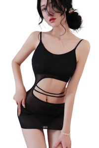 Lenjerie sexy, set 2 piese, rochie scurta mulata, cu decupaj adanc la spate si abdomen, model senzual, tematica touch me, negru