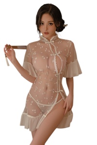 Lenjerie sexy, set 2 piese, rochie semitransparenta cu deschidere asimetrica si prindere cu nasturei, model diafan, tematica romantic night, alb