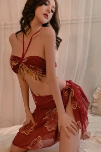 Lenjerie sexy, set 3 piese, top semitransparent cu acesorii fluide, esarfa si masca asortate, model incitant oriental, tematica belly dance magic, rosu inchis - Img 4