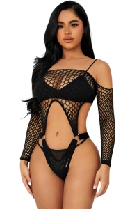 Lenjerie sexy tip body, umeri goi si maneci lungi, negru