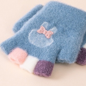 Manusi copii, model cu degetele dezgolite colorate, imprimeu iepuras cu fundita, tematica fashion winter, unisex, marime 1 – 3 ani, albastre - Img 2