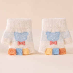 Manusi copii, model cu degetele dezgolite colorate, imprimeu iepuras cu fundita, tematica fashion winter, unisex, marime 1 – 3 ani, bej - Img 3