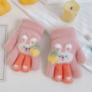 Manusi copii, model cu manseta elastica si iepuras, accesorizate cu o capsunica, tematica little bunny, unisex, marime 3 – 8 ani, roz - Img 3