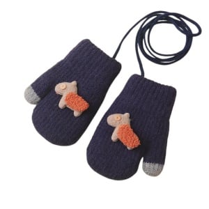 Manusi copii, model cu un singur degetel si snur, manseta elastica, accesorizate cu figurine vesele, tematica happy winter, unisex, marime 1 – 3 ani, albastru inchis