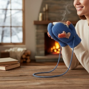 Manusi copii, model cu un singur degetel si snur, manseta elastica, accesorizate cu figurine vesele, tematica happy winter, unisex, marime 1 – 3 ani, albastru deschis - Img 4