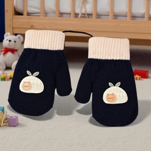 Manusi copii, model dragut cu un singur degetel si snur, manseta elastica, accesorizate cu figurine vesele, tematica happy winter, unisex, marime 3 – 8 ani, albastru marin inchis - Img 3