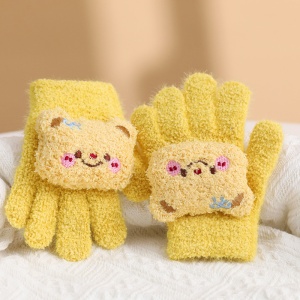 Manusi copii, model pufos cu manseta elastica, accesorizate cu figurine hazlii, tematica happy day, unisex, marime 6 – 10 ani, galbene inchis - Img 3