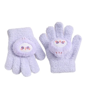 Manusi copii, model pufos cu manseta elastica, accesorizate cu figurine hazlii, tematica happy day, unisex, marime 6 – 10 ani, lila