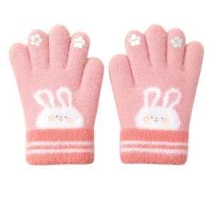 Manusi copii, model pufos cu manseta elastica, accesorizate cu iepuras si floricele, tematica happy bunny, unisex, marime 3 – 5 ani, roz inchis