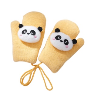 Manusi copii, model pufos cu un singur degetel si snur, manseta elastica, accesorizate cu ursuleti, tematica panda mania, unisex, marime 2 – 8 ani, galbene