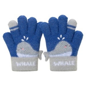 Manusi copii, model vesel cu balenuta, manseta elastica si detalii de contrast pe degete, tematica happy whale, unisex, marime 3 – 5 ani, albastru inchis cu gri