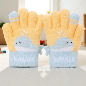 Manusi copii, model vesel cu balenuta, manseta elastica si detalii de contrast pe degete, tematica happy whale, unisex, marime 3 – 5 ani, galbene cu albastru - Img 2