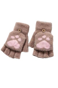 Manusi pentru adolescente pana in 18 ani, calduroase, model cu capat decapotabil si prindere cu nasture, tematica winter cat, marime universala, maro