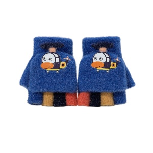 Manusi pentru copii, model cu degetele colorate descoperite si capac decapotabil, prindere cu nasturel, accesorizate cu elicopter haios, tematica let's play, unisex, marime 3 – 5 ani, albastru inchis