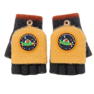 Manusi pentru copii, model cu degetele descoperite si capac decapotabil, prindere cu nasturel, accesorizate cu figurine vesele, tematica happy time, unisex, marime 7 – 12 ani, gri cu galben