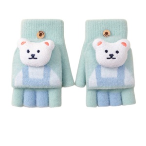 Manusi pentru copii, model cu degetele descoperite si capac decapotabil, prindere cu nasturel, accesorizate cu ursulet, tematica little bear, unisex, marime 7 – 12 ani, turcoaz