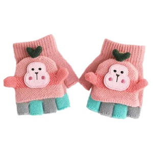 Manusi pentru copii, model cu degetele descoperite si capac decapotabil, prindere cu nasturel, accesorizate cu maimutica haioasa, manseta elastica, tematica happy winter, marime 3 – 6 ani, roz deschis
