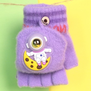 Manusi pentru copii, model cu degetele descoperite si capac decapotabil, prindere cu nasturel, accesorizate cu astronaut, tematica funny day, unisex, marime 4 – 10 ani, mov - Img 3