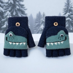 Manusi pentru copii, model cu degetele descoperite si capac decapotabil, prindere cu nasturel, accesorizate cu dinozauri, tematica sweet little monster, baieti, marime 7 – 9 ani, albastru inchis cu verde - Img 3