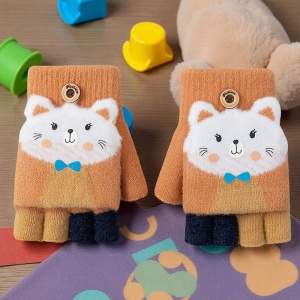 Manusi pentru copii, model cu degetele descoperite si capac decapotabil, prindere cu nasturel, accesorizate cu pisicute fashion, tematica I love cats, unisex, marime 7 – 9 ani, maro - Img 3