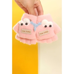 Manusi pentru copii, model cu degetele descoperite si capac decapotabil, prindere cu nasturel, accesorizate cu ochisori curiosi, manseta elastica, tematica funny dino, marime 0 – 3 ani, roz deschis - Img 4