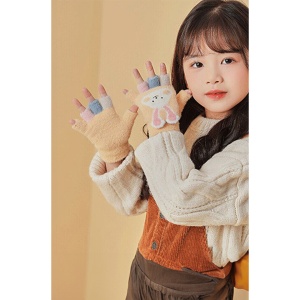 Manusi pentru copii, model cu degetele descoperite si capac decapotabil, prindere cu nasturel, accesorizate cu iepuras, manseta elastica, tematica cute bunny, marime 6 – 12 ani, bej - Img 3