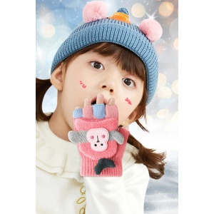Manusi pentru copii, model cu degetele descoperite si capac decapotabil, prindere cu nasturel, accesorizate cu maimutica haioasa, manseta elastica, tematica happy winter, marime 3 – 6 ani, roz inchis - Img 2