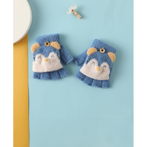 Manusi pentru copii, model cu degetele descoperite si capac decapotabil prindere cu nasture, manseta elastica, accesorizate cu puisor vesel, tematica happy winter, marime 1 – 5 ani, albastre - Img 2