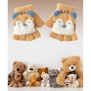 Manusi pentru copii, model cu degetele descoperite si capac decapotabil prindere cu nasture, manseta elastica, accesorizate cu puisor vesel, tematica happy winter, marime 1 – 5 ani, mustar - Img 3