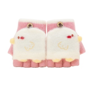Manusi pentru copii, model cu degetele descoperite si capac decapotabil, prindere cu nasturel, accesorizate cu figurine vesele, tematica I love birds, unisex, marime 3 – 5 ani, roz