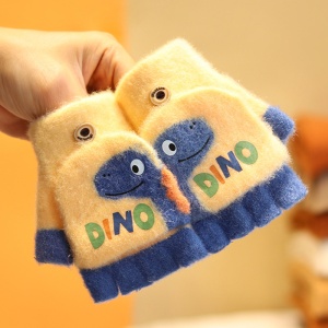 Manusi pentru copii, model cu degetele descoperite si capac decapotabil, prindere cu nasturel, accesorizate cu dinozaur, tematica crazy dino, unisex, marime 3 – 5 ani, galbene - Img 3