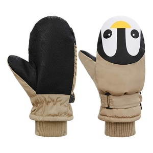 Manusi pentru copii, model cu un singur deget, manseta elastica si prindere reglabila, waterproof, imprimeu haios cu pinguin vesel, tematica let’s play outside, marime 5 – 12 ani, maro - Img 4