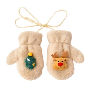 Manusi pentru copii, model super dragalas, moale si pufos, prinse cu snur intre ele, accesorizate cu figurine cute, tematica winter happy baby, 2 - 6 ani, bej