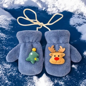 Manusi pentru copii, model super dragalas, moale si pufos, prinse cu snur intre ele, accesorizate cu figurine cute, tematica winter happy baby, 2 - 6 ani, albastre - Img 3