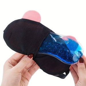 Masca de dormit, model haios cu fete expresive si urechiuse, rezerva cu gel, prindere elastica, tematica sweet dreams, unisex, M3, albastru deschis - Img 4