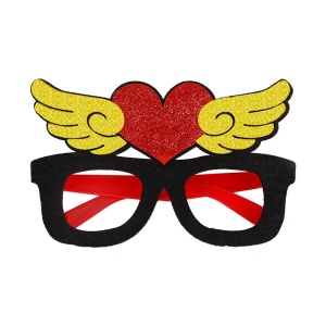 Ochelari amuzanti fara lentile, model petrecere fashion, inima si aripi, tematica party style, negru cu galben