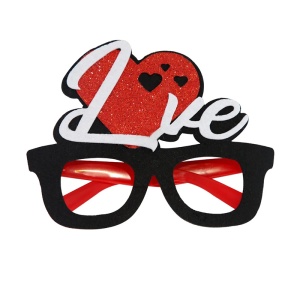 Ochelari amuzanti fara lentile, model petrecere fashion, love si inima, tematica party style, negru cu rosu aprins