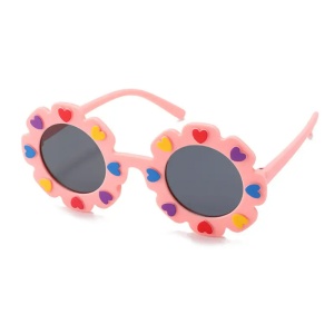 Ochelari de soare pentru copii, model pentru fetite, design floare cu petale in forma de inimioare, marime universala, roz