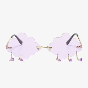 Ochelari de soare pentru femei, model trendy cu norisori, accesorizati cu lantisor si picaturi fashion, tematica I love to party, marime universala, mov - Img 2
