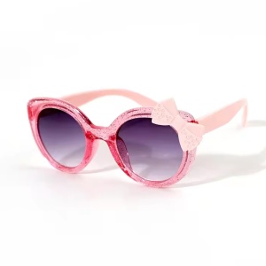 Ochelari de soare pentru fetite, model cu rama semitransparenta accesorizata cu fundita chic, tematica glitter summer, marime universala, roz