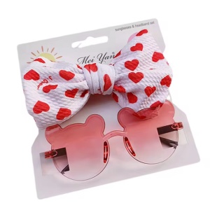 Ochelari de soare pentru fetite, set doua piese, model ursulet prietenos cu funda voluminoasa asortata, imprimeu delicat, tematica cute and fashion, portocalii