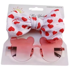 Ochelari de soare pentru fetite, set doua piese, model ursulet prietenos cu funda voluminoasa asortata, imprimeu delicat, tematica cute and fashion, portocalii - Img 2