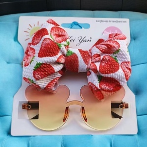 Ochelari de soare pentru fetite, set doua piese, model ursulet prietenos cu funda voluminoasa asortata, imprimeu delicat, tematica cute and fashion, portocalii cu verde - Img 3
