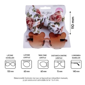 Ochelari de soare pentru fetite, set doua piese, model ursulet prietenos cu funda voluminoasa asortata, imprimeu delicat, tematica cute and fashion, maro - Img 4